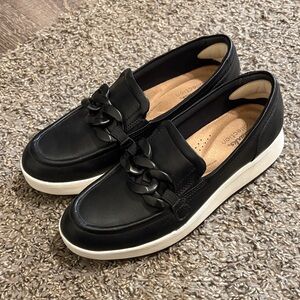Clarks Black Loafers with Chain Accent